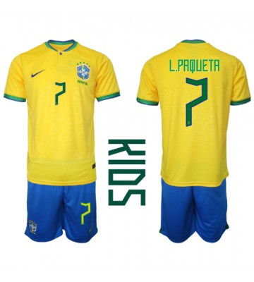 Brasilien Lucas Paqueta #7 Hemmaställ Barn VM 2022 Kortärmad (+ Korta byxor)
